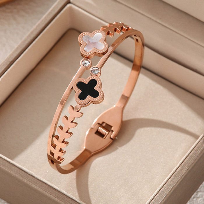 Stainless Steel Rose Gold Plated Mother of Pearls Two Clover Leaf Irish Design Bracelet For Women - VAIRAVI