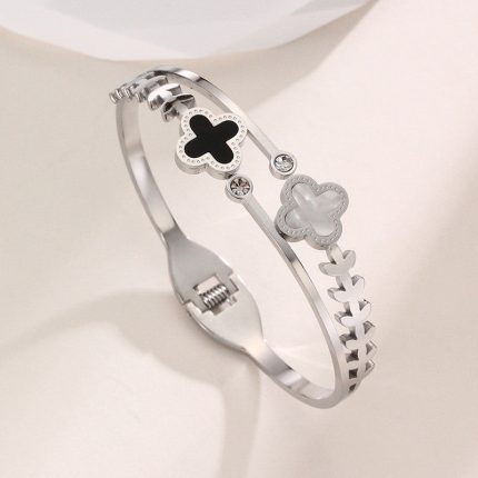 Stainless Steel Silver Plated Mother of Pearls Two Clover Leaf Irish Design Anti-Tarnish Bracelet For Women - VAIRAVI