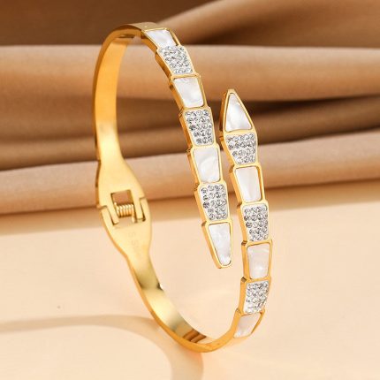 Stainless Steel Gold Plated Mother of Pearl Snake Styled AD Studded Anti-Tarnish Bracelet For Women - VAIRAVI