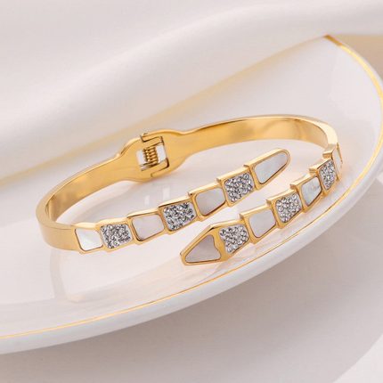 Stainless Steel Gold Plated Mother of Pearl Snake Styled AD Studded Anti-Tarnish Bracelet For Women - VAIRAVI