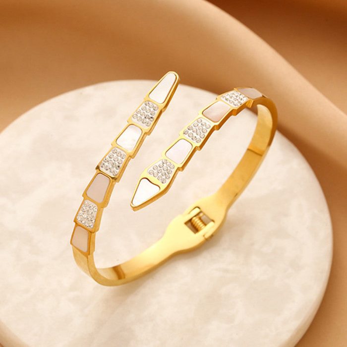 Stainless Steel Gold Plated Mother of Pearl Snake Styled AD Studded Anti-Tarnish Bracelet For Women - VAIRAVI