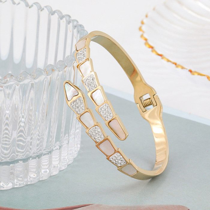 Stainless Steel Gold Plated Mother of Pearl Snake Styled AD Studded Anti-Tarnish Bracelet For Women - VAIRAVI