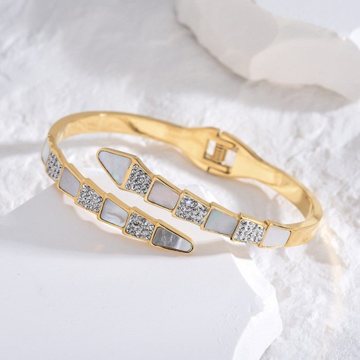 Stainless Steel Gold Plated Mother of Pearl Snake Styled AD Studded Anti-Tarnish Bracelet For Women - VAIRAVI