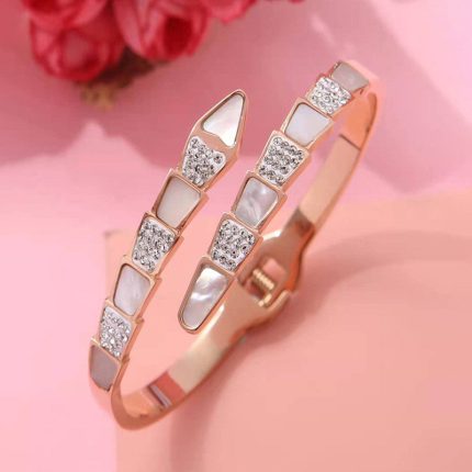 Stainless Steel Rose Gold Plated Mother of Pearl Snake Styled AD Studded Bracelet For Women - VAIRAVI