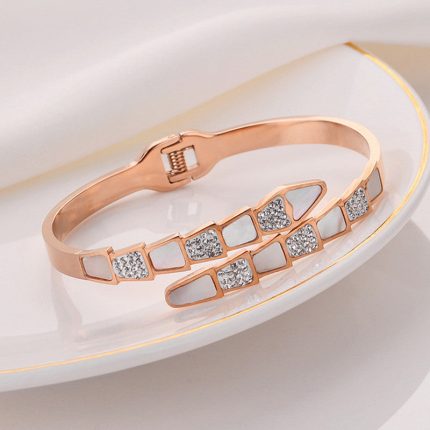 Stainless Steel Rose Gold Plated Mother of Pearl Snake Styled AD Studded Bracelet For Women - VAIRAVI