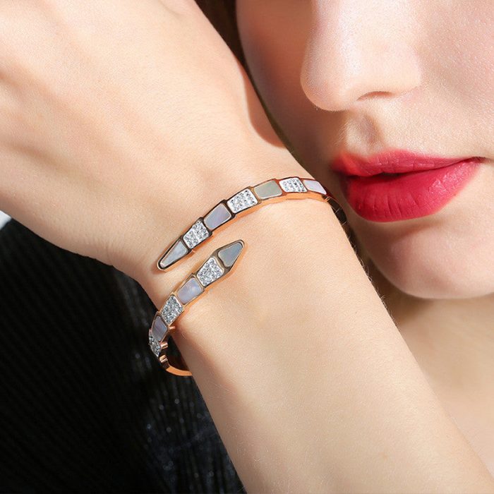 Stainless Steel Rose Gold Plated Mother of Pearl Snake Styled AD Studded Bracelet For Women - VAIRAVI
