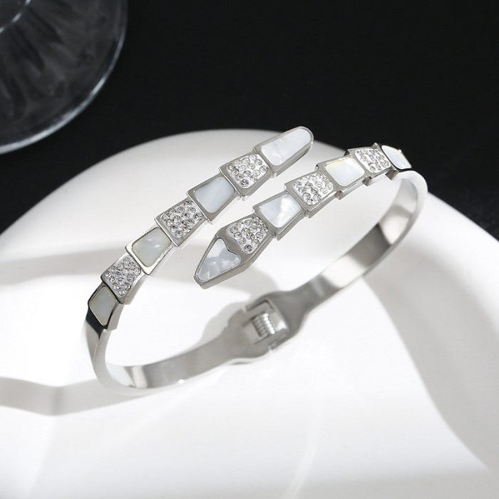 Stainless Steel Silver Plated Mother of Pearl Snake Styled AD Studded Anti-Tarnish Bracelet For Women - VAIRAVI