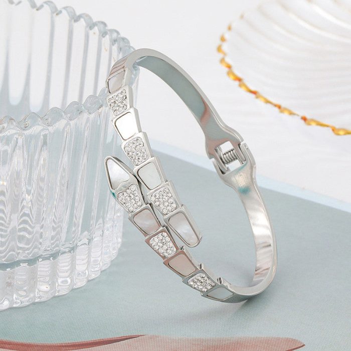 Stainless Steel Silver Plated Mother of Pearl Snake Styled AD Studded Anti-Tarnish Bracelet For Women - VAIRAVI