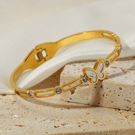 Stainless Steel Gold Plated Butterfly inspired Mother of Pearls Contemporary Anti-Tarnish Bracelet For Women - VAIRAVI