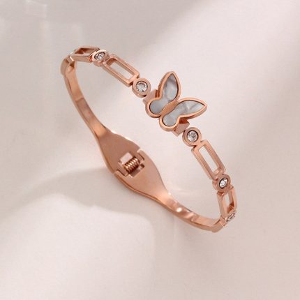 Stainless Steel Rose Gold Plated Butterfly inspired Mother of Pearls Contemporary Bracelet For Women - VAIRAVI