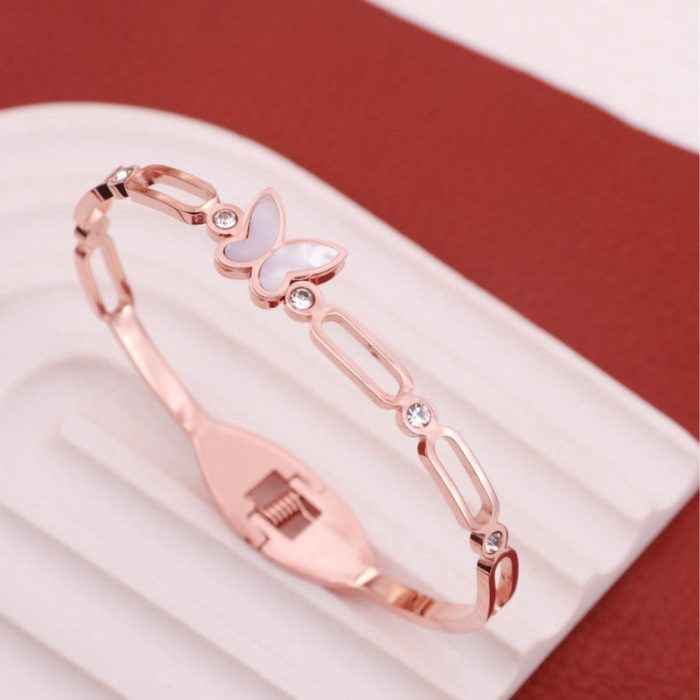 Stainless Steel Rose Gold Plated Butterfly inspired Mother of Pearls Contemporary Bracelet For Women - VAIRAVI