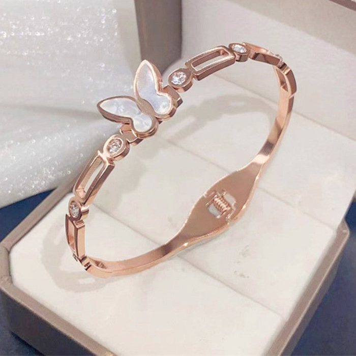 Stainless Steel Rose Gold Plated Butterfly inspired Mother of Pearls Contemporary Bracelet For Women - VAIRAVI