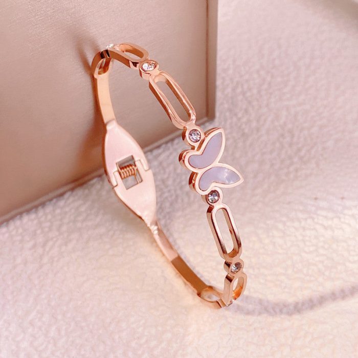Stainless Steel Rose Gold Plated Butterfly inspired Mother of Pearls Contemporary Bracelet For Women - VAIRAVI