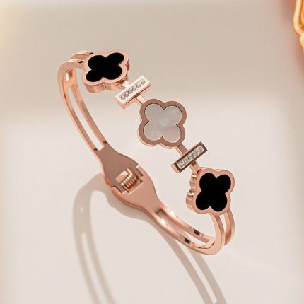 Stainless Steel Rose Gold Plated Mother of Pearls Three Clover Leaf Irish Design Bracelet For Women - VAIRAVI