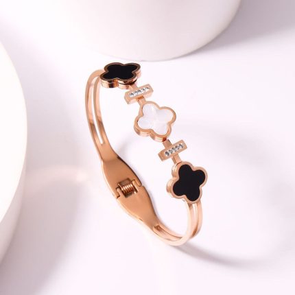 Stainless Steel Rose Gold Plated Mother of Pearls Three Clover Leaf Irish Design Bracelet For Women - VAIRAVI