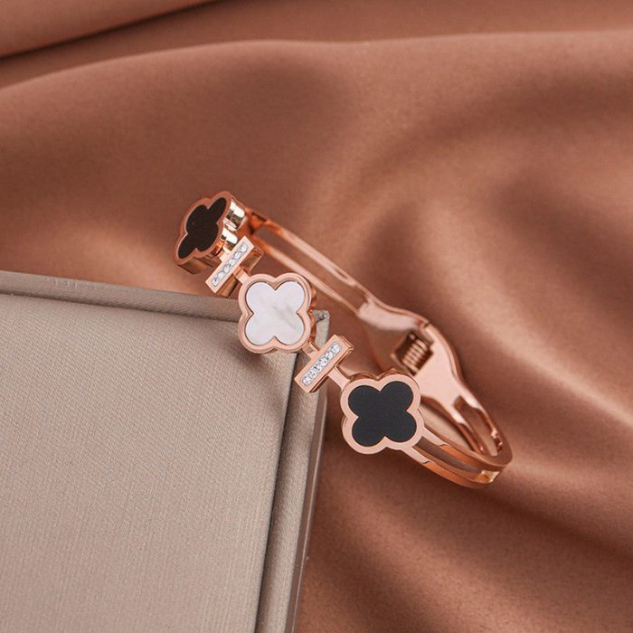 Stainless Steel Rose Gold Plated Mother of Pearls Three Clover Leaf Irish Design Bracelet For Women - VAIRAVI