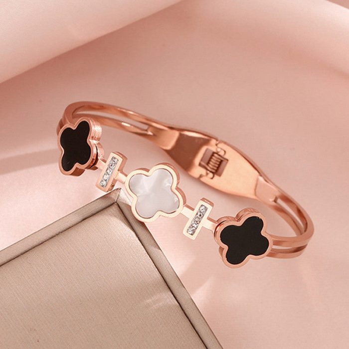 Stainless Steel Rose Gold Plated Mother of Pearls Three Clover Leaf Irish Design Bracelet For Women - VAIRAVI