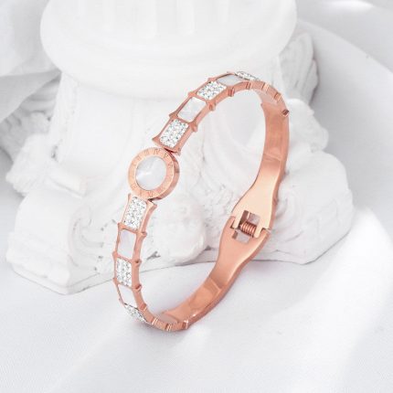 Stainless Steel Rose Gold Plated Mother of Pearl AD Studded Bracelet For Women - VAIRAVI