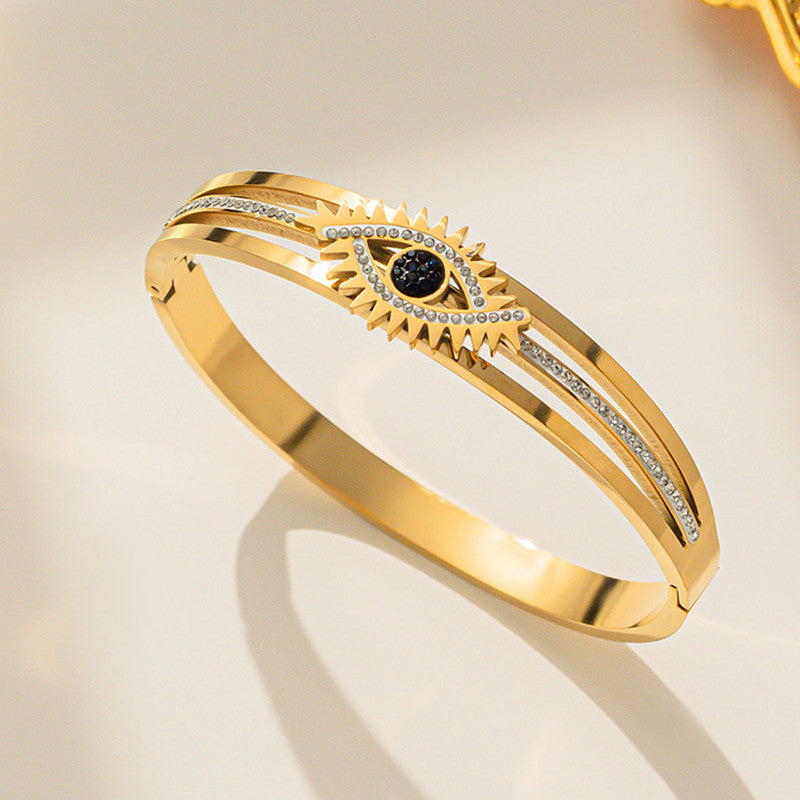 Stainless Steel Gold Plated American Diamond Studded Evil Eye Anti-Tarnish Bracelet For Women - VAIRAVI Stainless Steel Gold Plated American Diamond Studded Evil Eye Anti-Tarnish Bracelet For Women - VAIRAVI