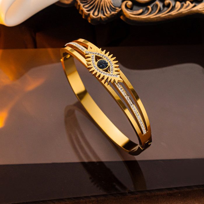 Stainless Steel Gold Plated American Diamond Studded Evil Eye Anti-Tarnish Bracelet For Women - VAIRAVI