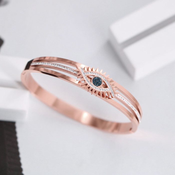 Stainless Steel Rose Gold Plated American Diamond Studded Evil Eye Bracelet For Women - VAIRAVI