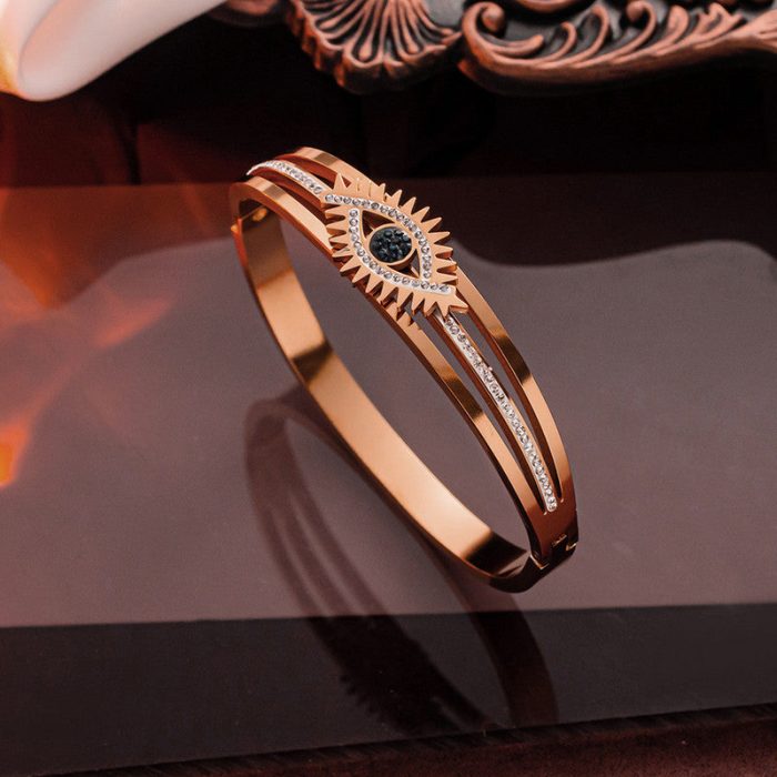 Stainless Steel Rose Gold Plated American Diamond Studded Evil Eye Bracelet For Women - VAIRAVI