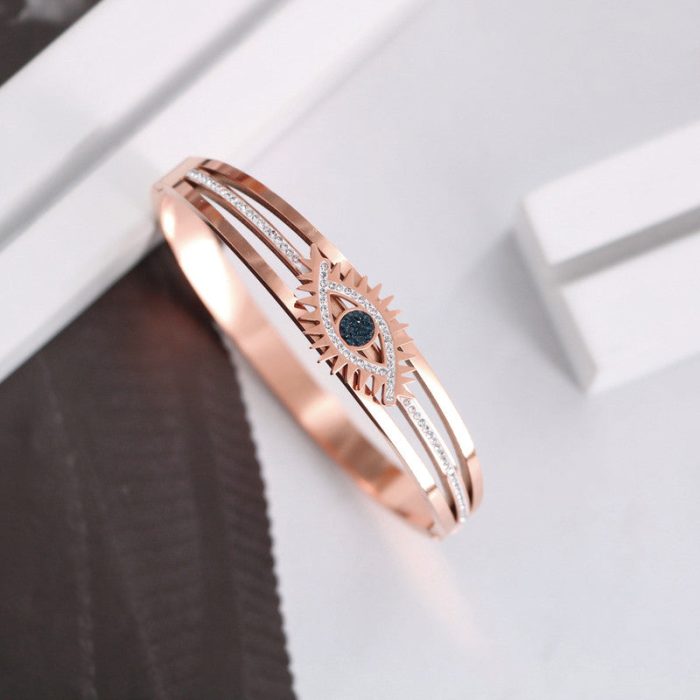 Stainless Steel Rose Gold Plated American Diamond Studded Evil Eye Bracelet For Women - VAIRAVI