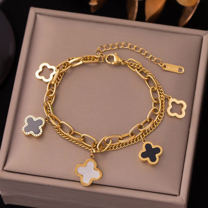 Stainless Steel Gold Plated Mother of Pearls Clover Wraparound Anti-Tarnish Bracelet For Women - VAIRAVI