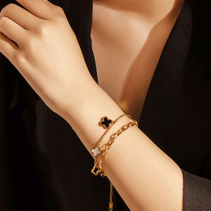 Stainless Steel Gold Plated Mother of Pearls Clover Wraparound Anti-Tarnish Bracelet For Women - VAIRAVI
