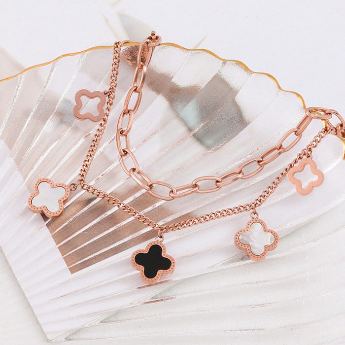 Stainless Steel Rose Gold Plated Mother of Pearls Clover Wraparound Bracelet For Women - VAIRAVI