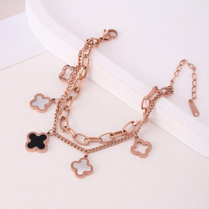 Stainless Steel Rose Gold Plated Mother of Pearls Clover Wraparound Bracelet For Women - VAIRAVI