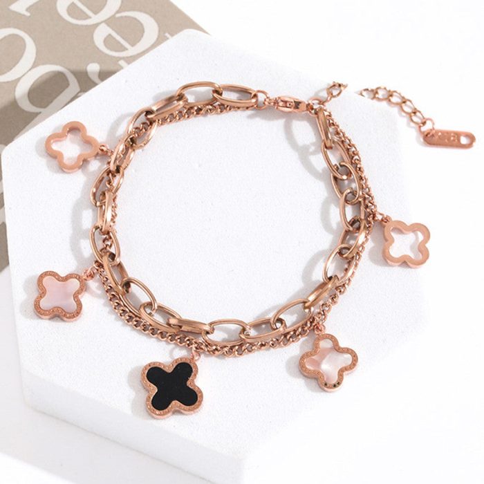 Stainless Steel Rose Gold Plated Mother of Pearls Clover Wraparound Bracelet For Women - VAIRAVI