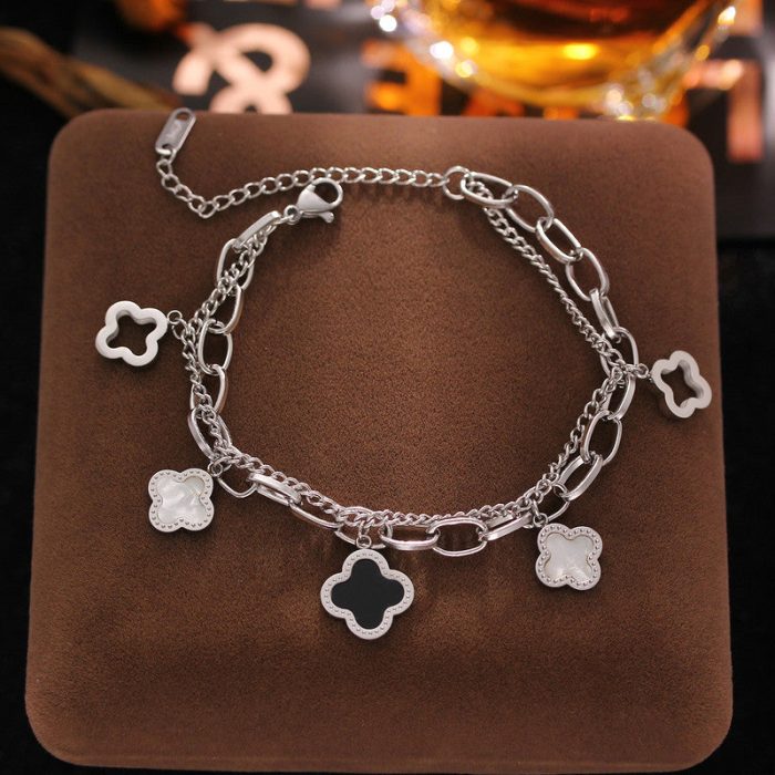 Stainless Steel Silver Plated Mother of Pearls Clover Wraparound Anti-Tarnish Bracelet For Women - VAIRAVI