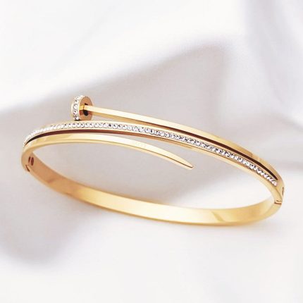 Stainless Steel Gold Plated American Diamond Studded Nail Anti-Tarnish Bracelet For Women - VAIRAVI