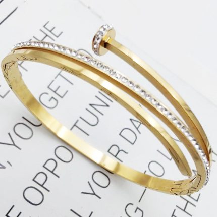 Stainless Steel Gold Plated American Diamond Studded Nail Anti-Tarnish Bracelet For Women - VAIRAVI