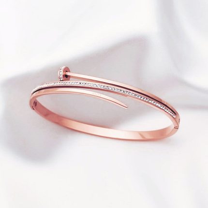 Stainless Steel Rose Gold Plated American Diamond Studded Nail Bracelet For Women - VAIRAVI