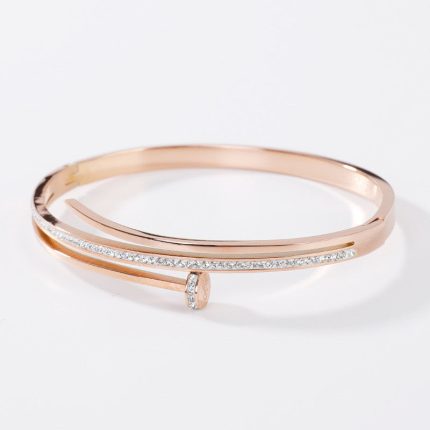 Stainless Steel Rose Gold Plated American Diamond Studded Nail Bracelet For Women - VAIRAVI