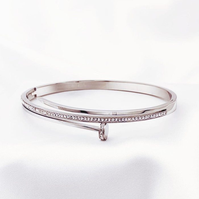 Stainless Steel Silver Plated American Diamond Studded Nail Anti-Tarnish Bracelet For Women - VAIRAVI
