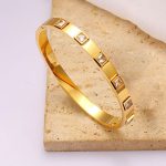 Stainless Steel Gold-Plated White Square American Diamond studded Bangle-Style Anti-Tarnish Bracelet For Women - VAIRAVI