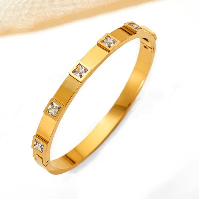 Stainless Steel Gold-Plated White Square American Diamond studded Bangle-Style Anti-Tarnish Bracelet For Women - VAIRAVI