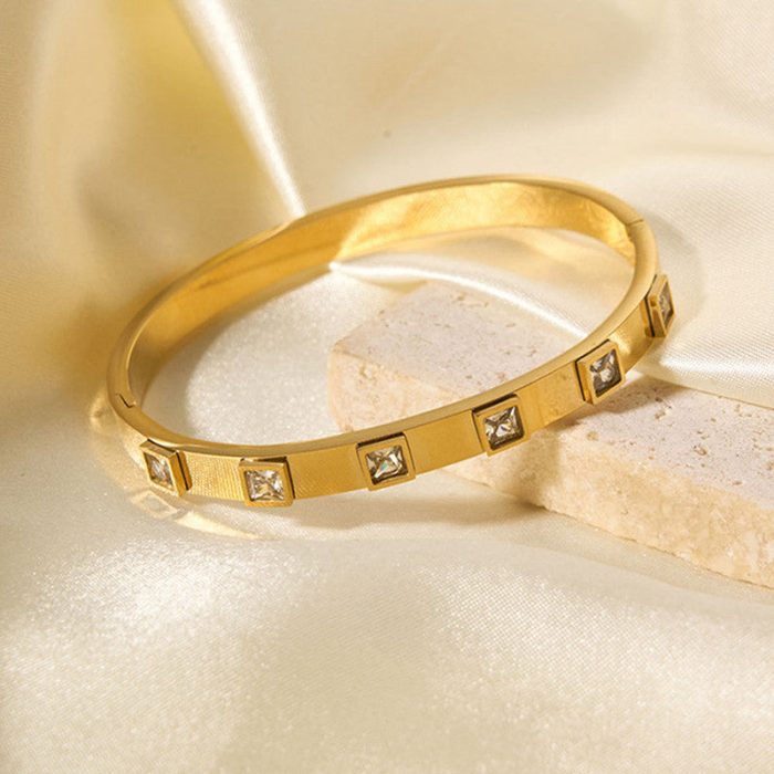 Stainless Steel Gold-Plated White Square American Diamond studded Bangle-Style Anti-Tarnish Bracelet For Women - VAIRAVI