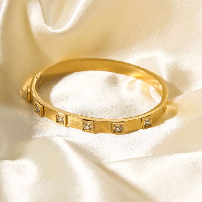 Stainless Steel Gold-Plated White Square American Diamond studded Bangle-Style Anti-Tarnish Bracelet For Women - VAIRAVI