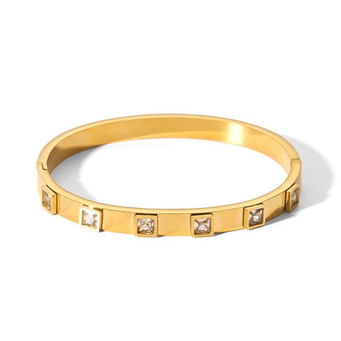 Stainless Steel Gold-Plated White Square American Diamond studded Bangle-Style Anti-Tarnish Bracelet For Women - VAIRAVI