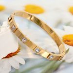 Stainless Steel Gold-Plated White Square American Diamond studded Bangle-Style Anti-Tarnish Bracelet For Women - VAIRAVI
