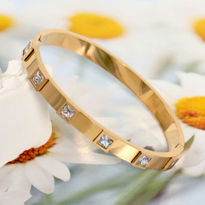 Stainless Steel Gold-Plated White Square American Diamond studded Bangle-Style Anti-Tarnish Bracelet For Women - VAIRAVI