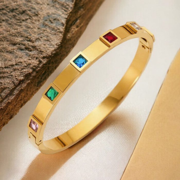 Stainless Steel Gold-Plated Multicolor Square American Diamond studded Bangle-Style Anti-Tarnish Bracelet For Women - VAIRAVI