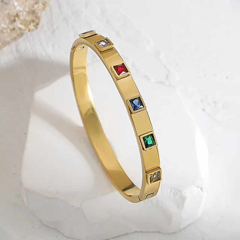 Stainless Steel Gold-Plated Multicolor Square American Diamond studded Bangle-Style Anti-Tarnish Bracelet For Women - VAIRAVI Stainless Steel Gold-Plated Multicolor Square American Diamond studded Bangle-Style Anti-Tarnish Bracelet For Women - VAIRAVI