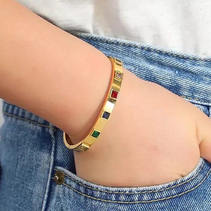 Stainless Steel Gold-Plated Multicolor Square American Diamond studded Bangle-Style Anti-Tarnish Bracelet For Women - VAIRAVI