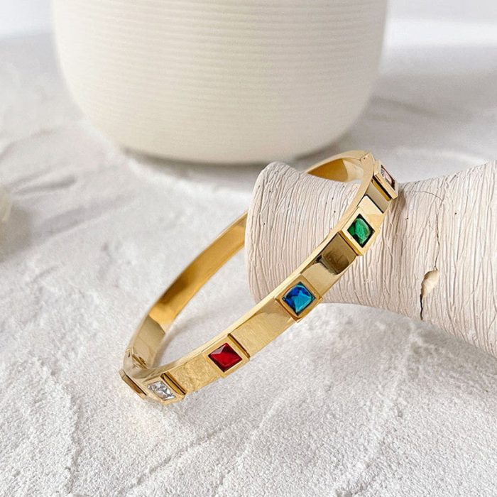 Stainless Steel Gold-Plated Multicolor Square American Diamond studded Bangle-Style Anti-Tarnish Bracelet For Women - VAIRAVI