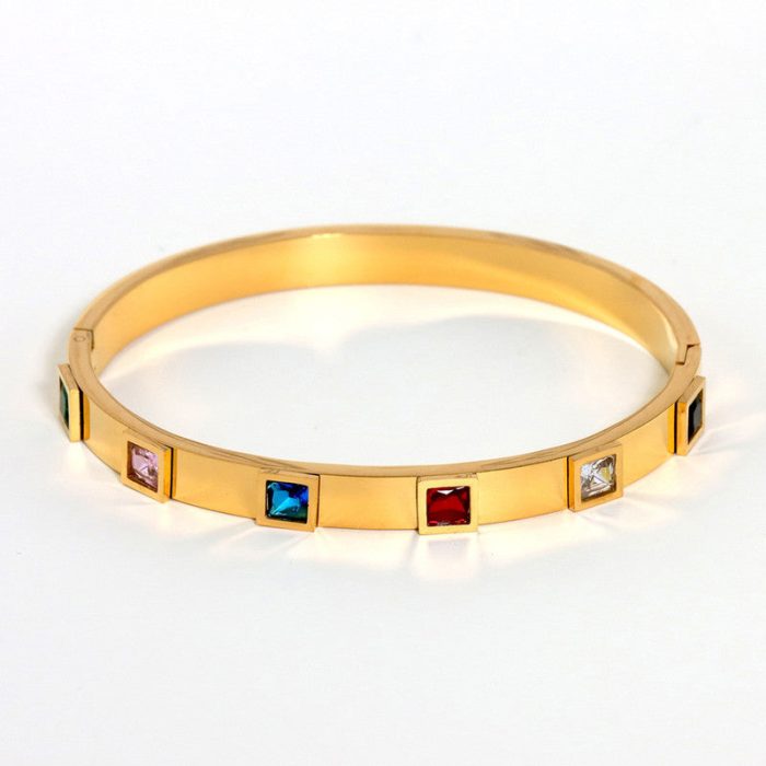 Stainless Steel Gold-Plated Multicolor Square American Diamond studded Bangle-Style Anti-Tarnish Bracelet For Women - VAIRAVI